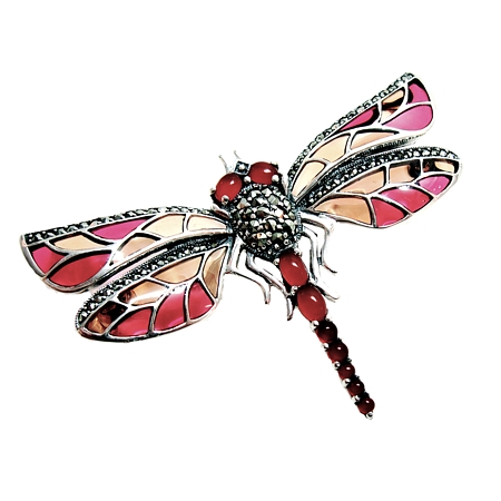 Dragonfly Brooch with Stained Glass Enamel & Marcasite - Click Image to Close
